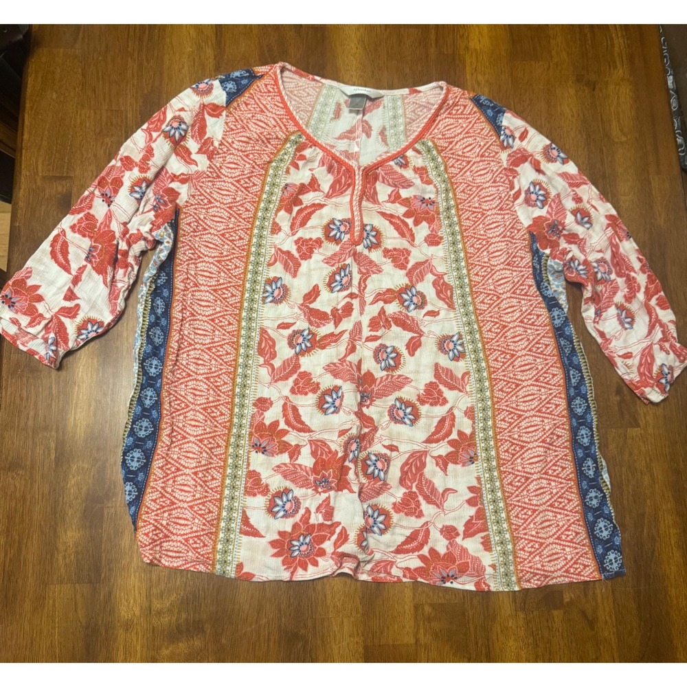 CJ Banks 1X Coral Blue Floral Paisley Mixed Print Split Neck Blouse 3/4 Slv